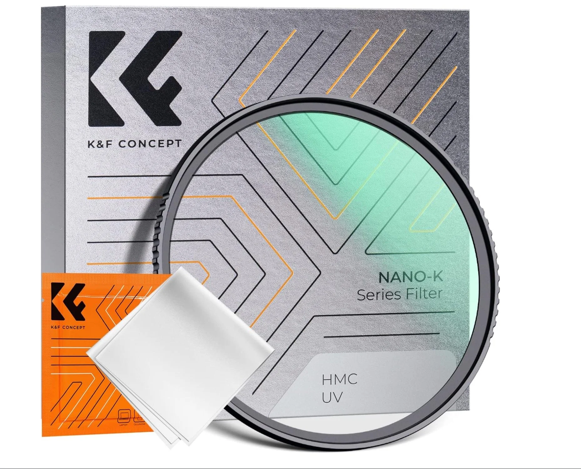 Filtro de lentes K&F Concept Series Nano-K con accesorios y empaques en la caja