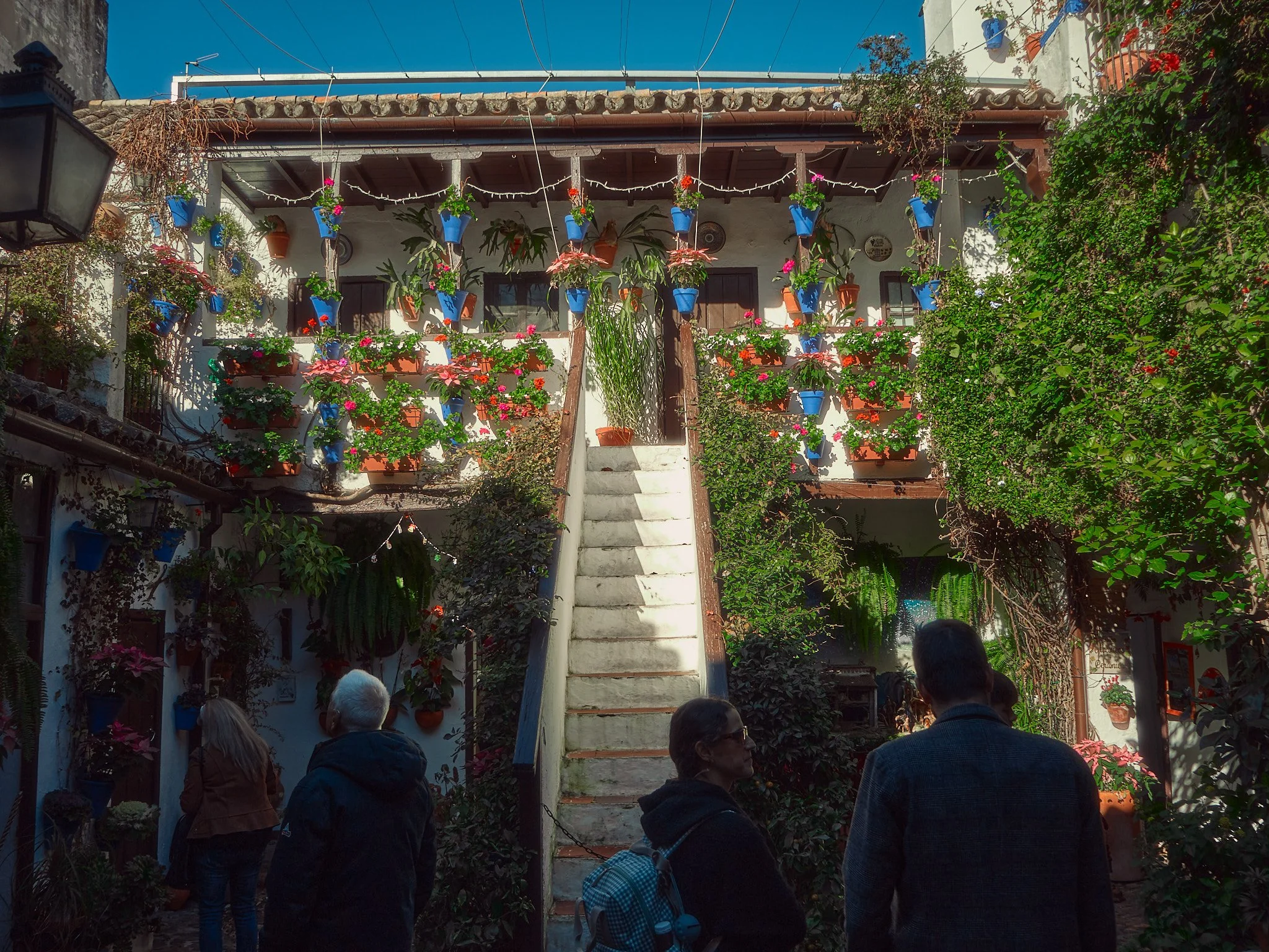 Casa colonial con balcones decorados con muchas plantas en macetas azules y terracota, con escalera central y varias personas observando en un día soleado.