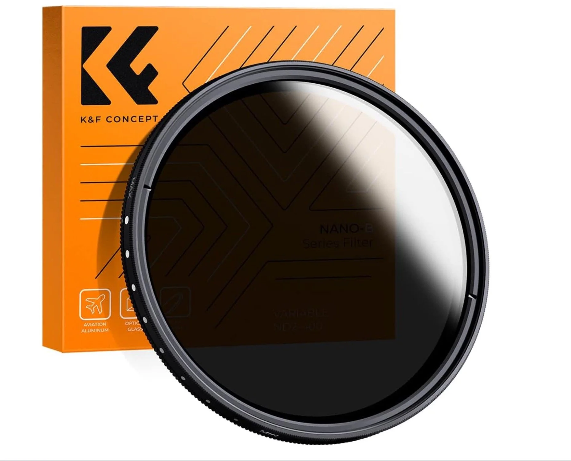 Filtro de cámara de peso ligero con caja naranja y borde negro, marca K&F Concept, para cámaras de fotografía.