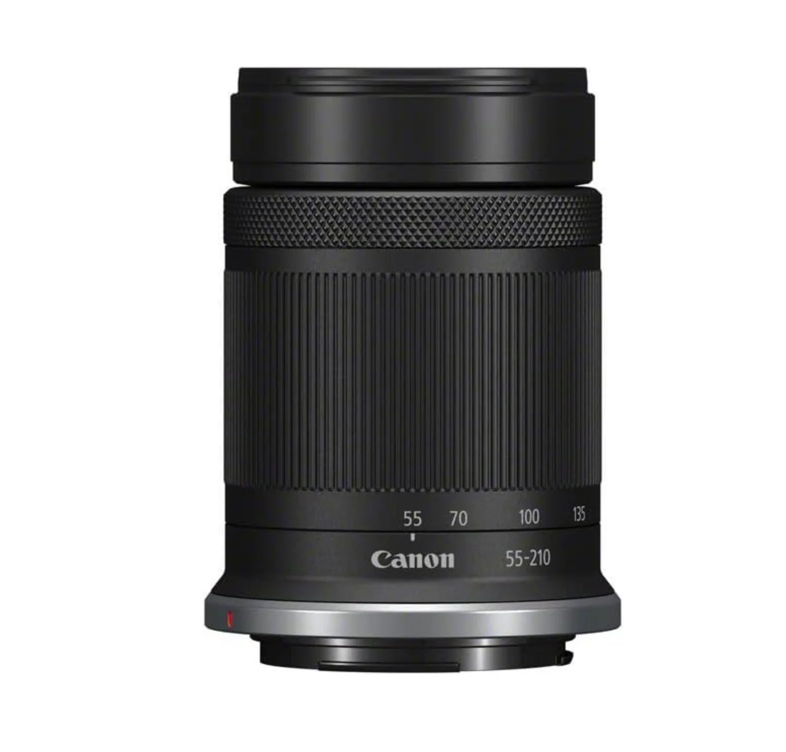 Lente de cámara Canon 55-210 mm, negro, con marcas de distancia en la parte frontal.