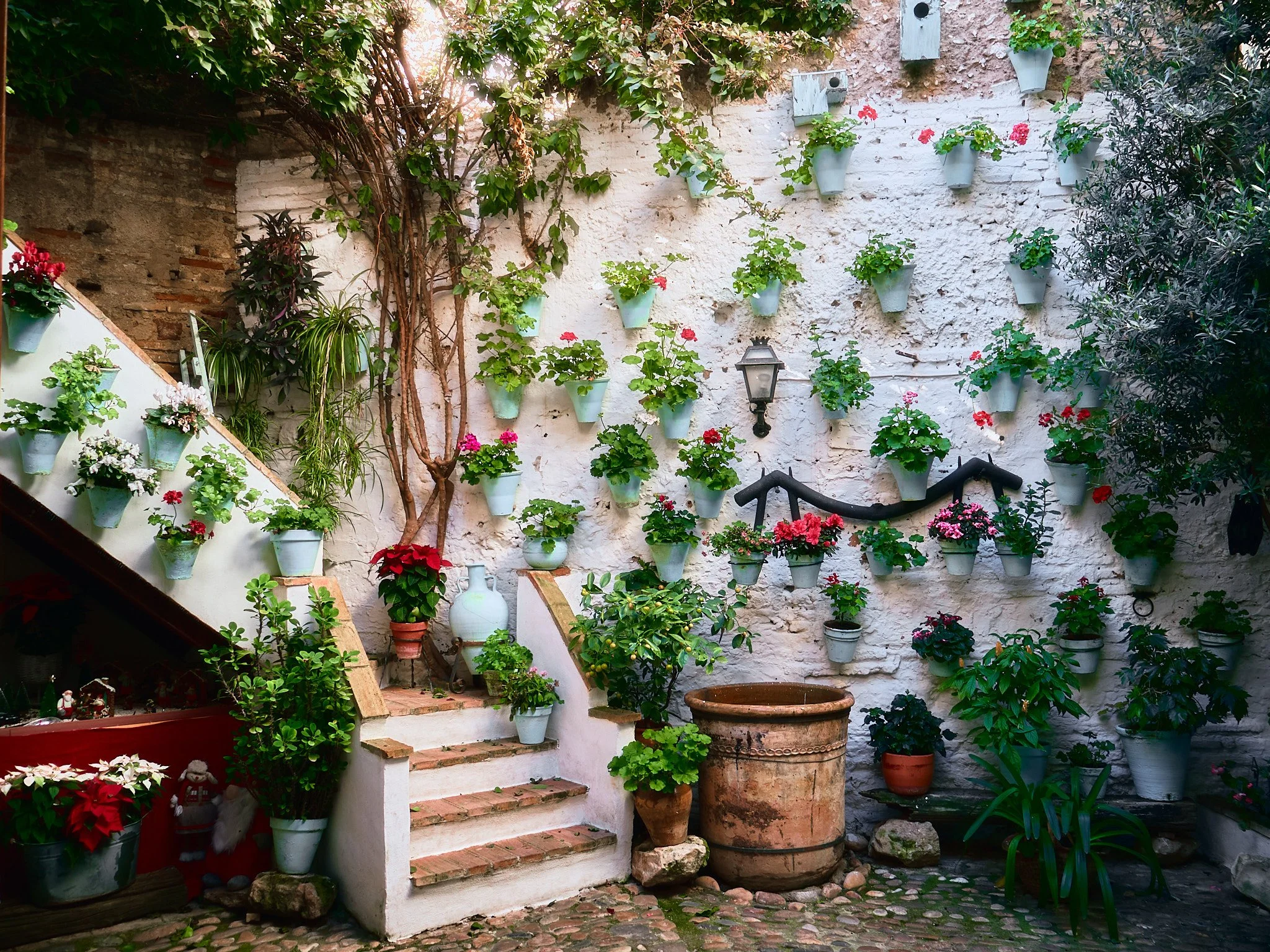 Patio con paredes de piedra blanca decoradas con plantas en macetas, escalera con plantas y adornos, y un farol en la pared