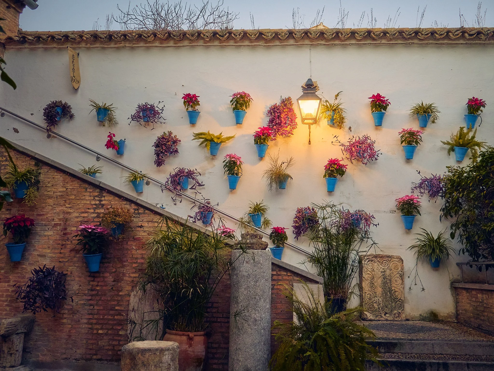 Muros decorados con macetas azules con plantas y flores en tonos rosa y morado, iluminadas por una lámpara en una tarde.