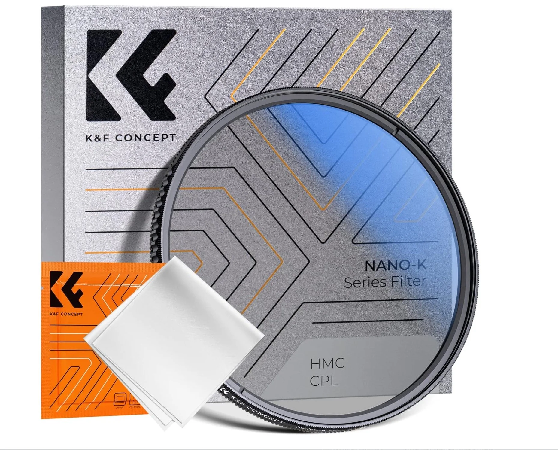 Filtro de agua NANO-K de la marca K&F Concept en su caja y filtro adicional con un paño de limpieza.
