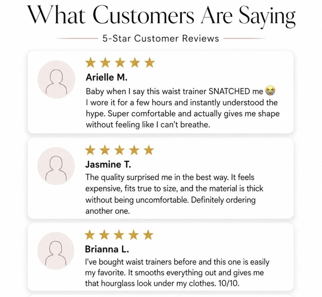 Screenshot of customer reviews for a waist trainer, with five-star ratings and comments about comfort, fit, and quality.