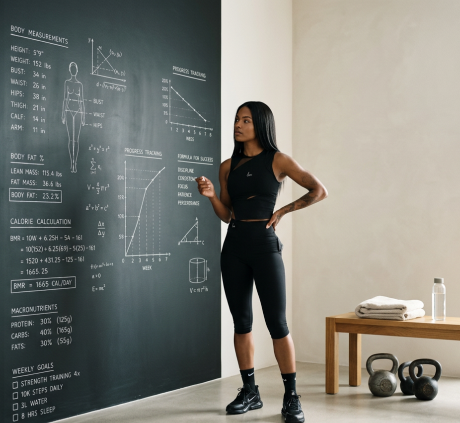 A woman standing in front of a blackboard with fitness and body measurement charts, in a gym or workout space.