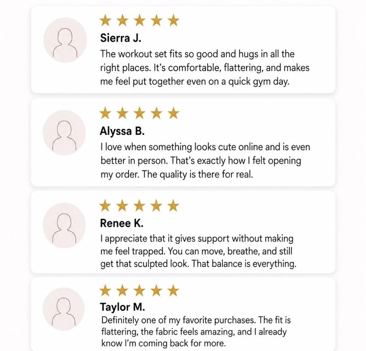 Online reviews with four five-star ratings from Sierra J., Alyssa B., Renee K., and Taylor M., praising a workout set and clothing quality.