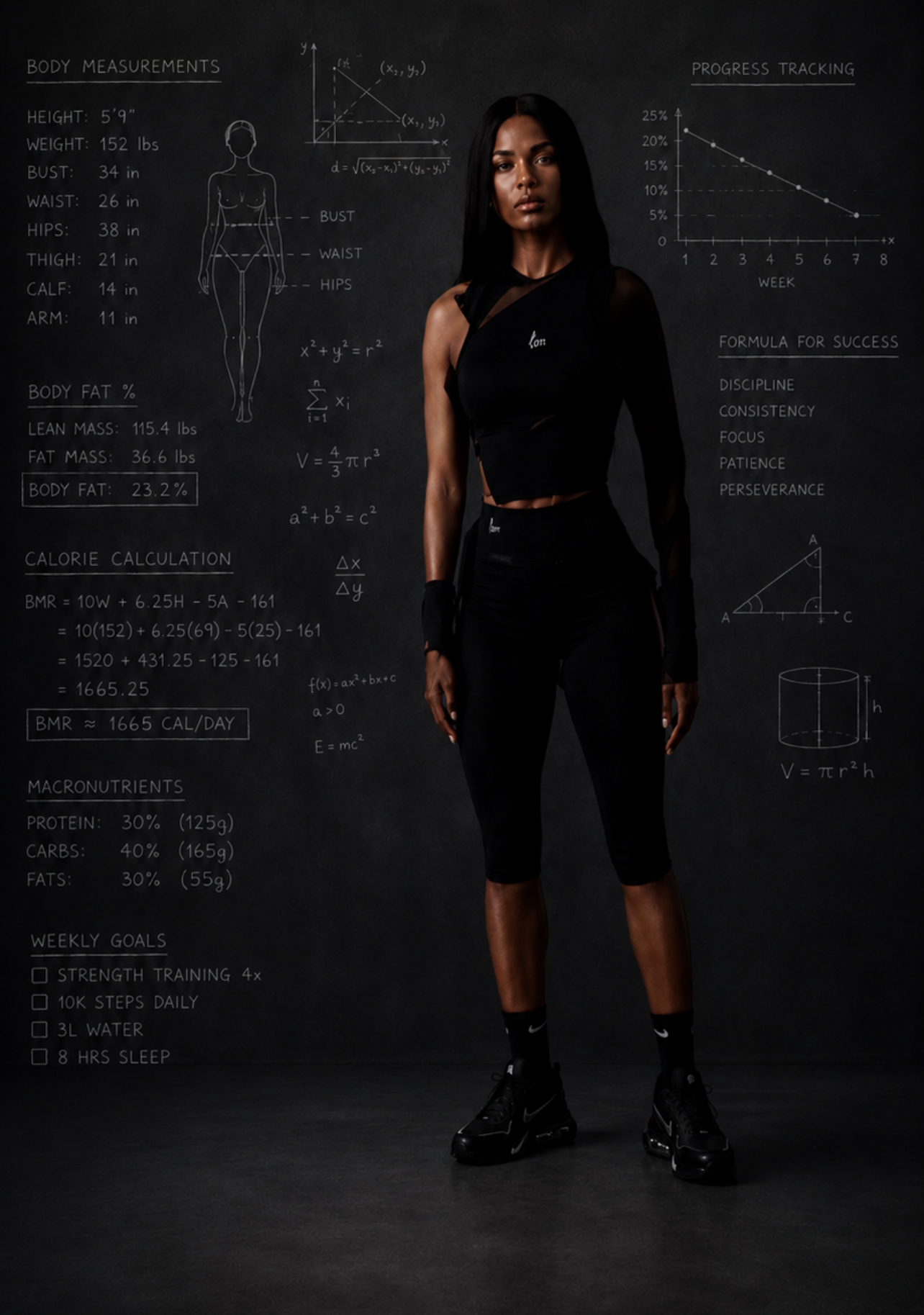 A woman standing in front of a blackboard filled with handwritten notes, charts, and formulas related to body measurements, fitness, and progress tracking. She is wearing black athletic clothing and sneakers.