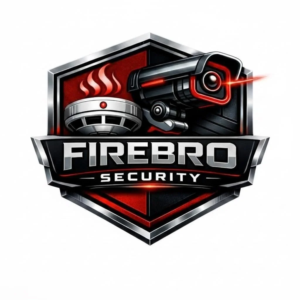 A logo for FireBro Security featuring a security camera and a smoke detector on a shield background.