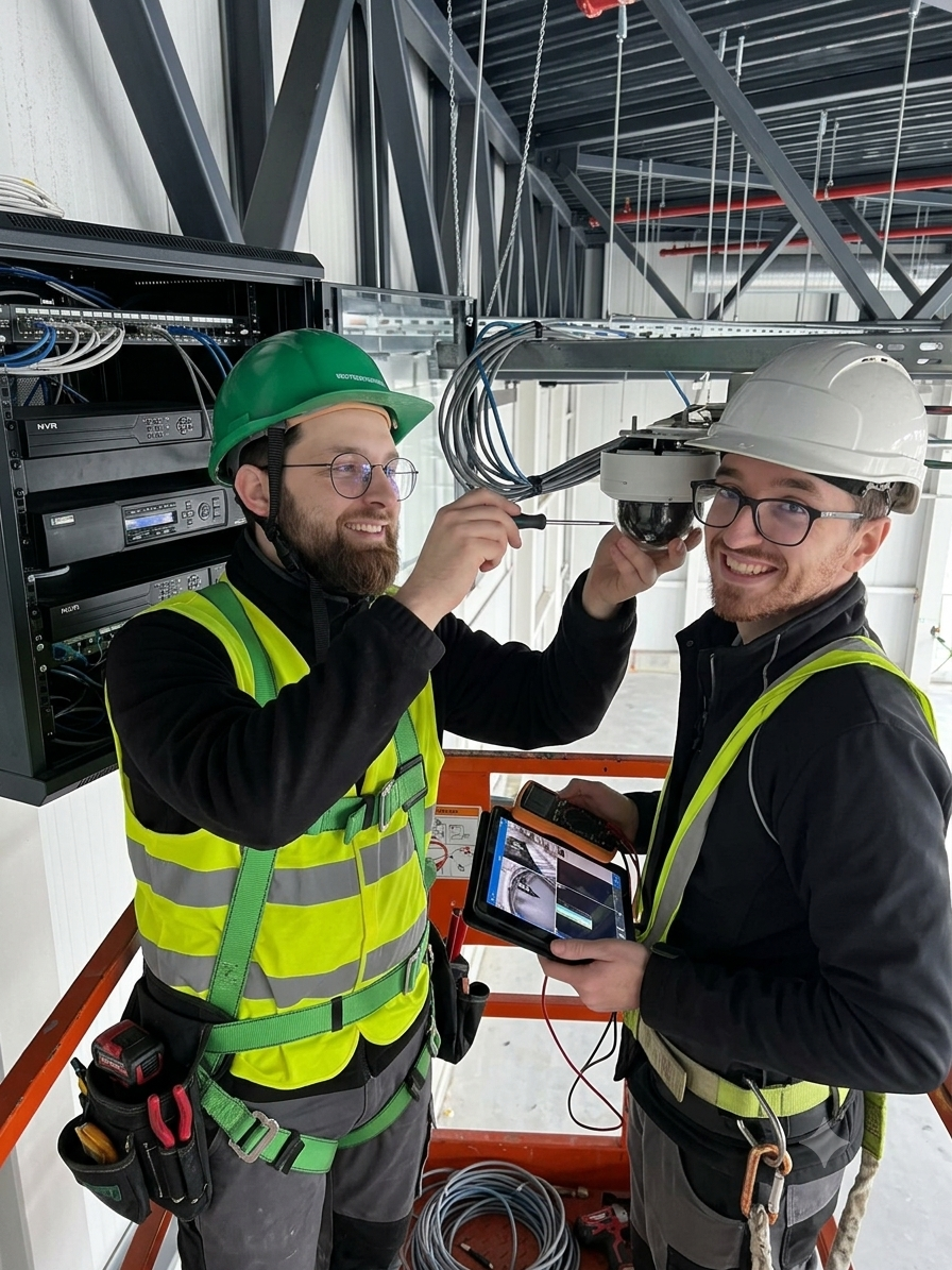 Two male electricians wearing safety vests and helmets, working on or inspecting equipment inside an industrial or construction site.
