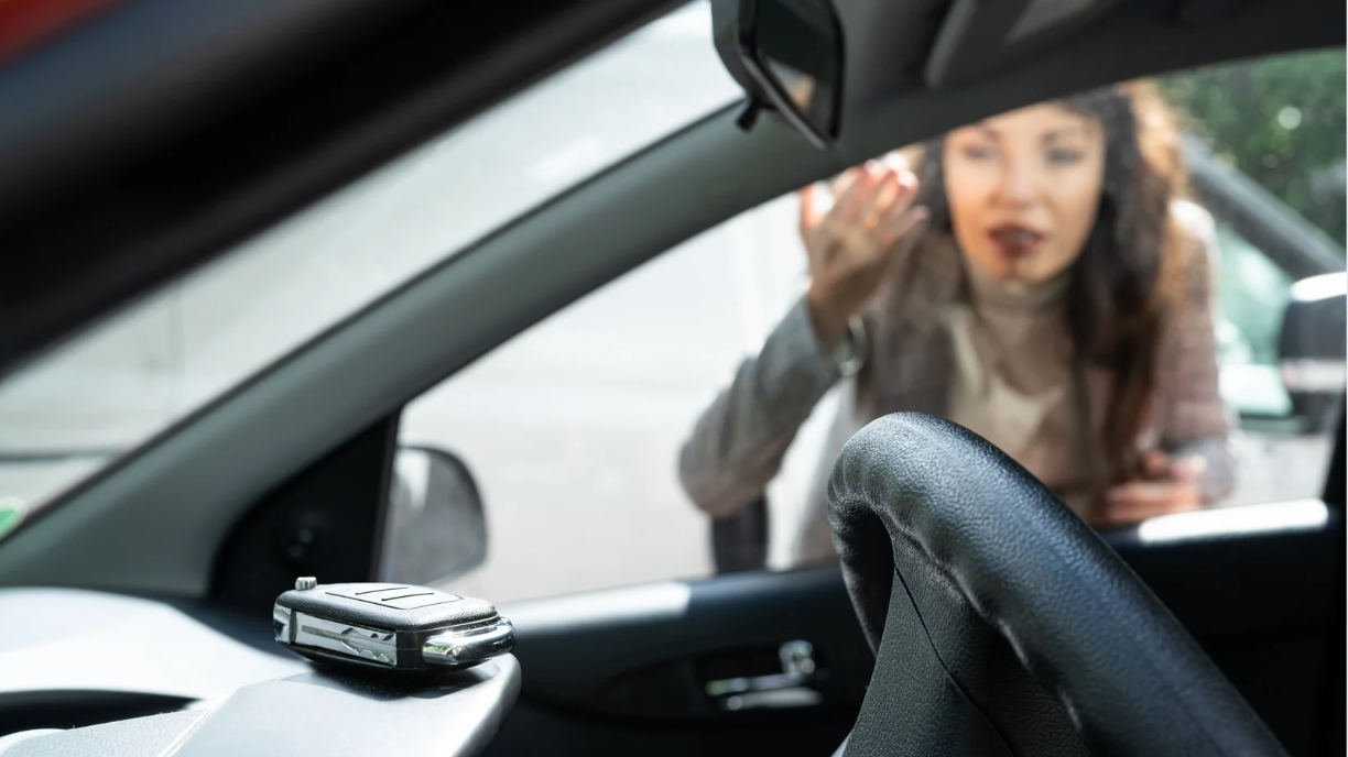 A woman is outside a car, leaning in through the driver's side window, and appears to be speaking or yelling at someone inside the vehicle. The image is taken from the driver's perspective showing the steering wheel and a car key on the dashboard.