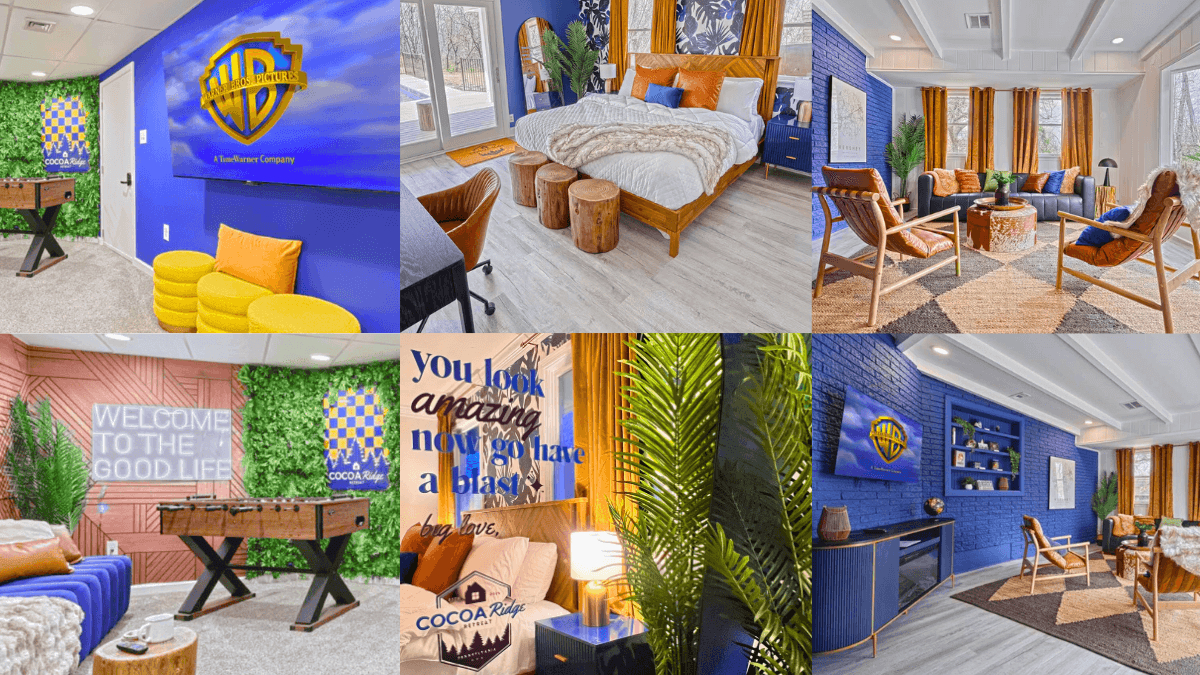Photo collage of Cocoa Ridge interiors including a bold blue accent wall, cozy bedrooms with wood details, game room with foosball, and custom guest messaging with branded pillows and decor.