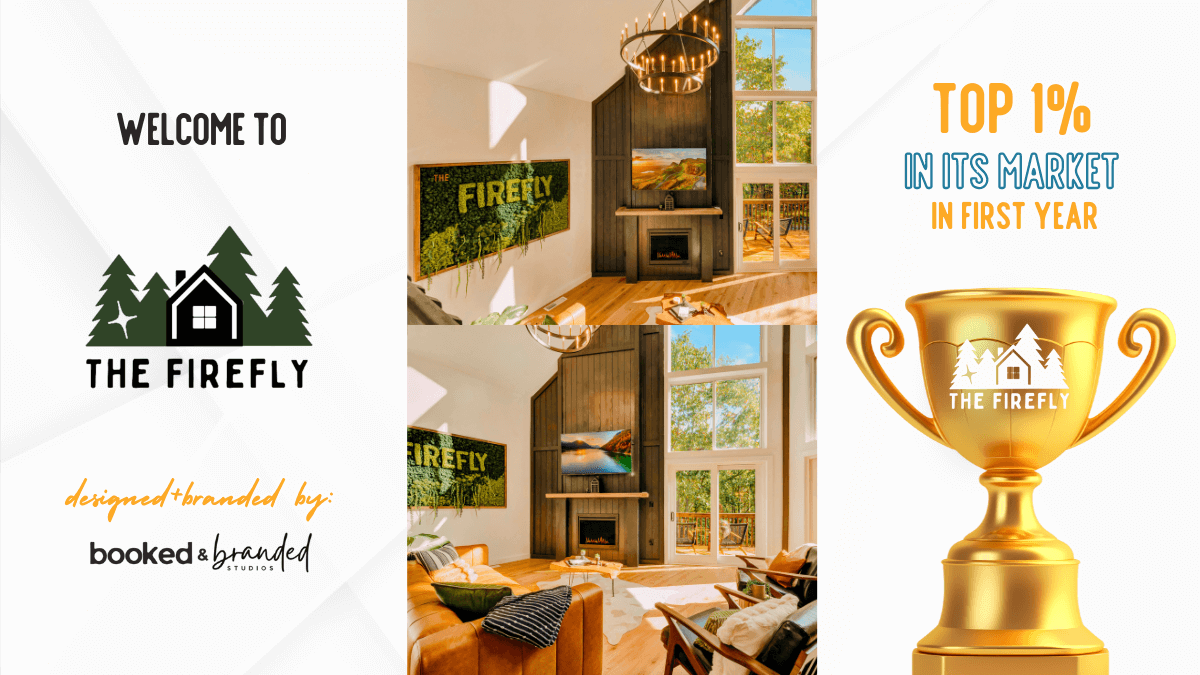 Highlight graphic for The Firefly property featuring its modern rustic living room and branding, plus a gold trophy visual and ‘Top 1% in Market’ label.