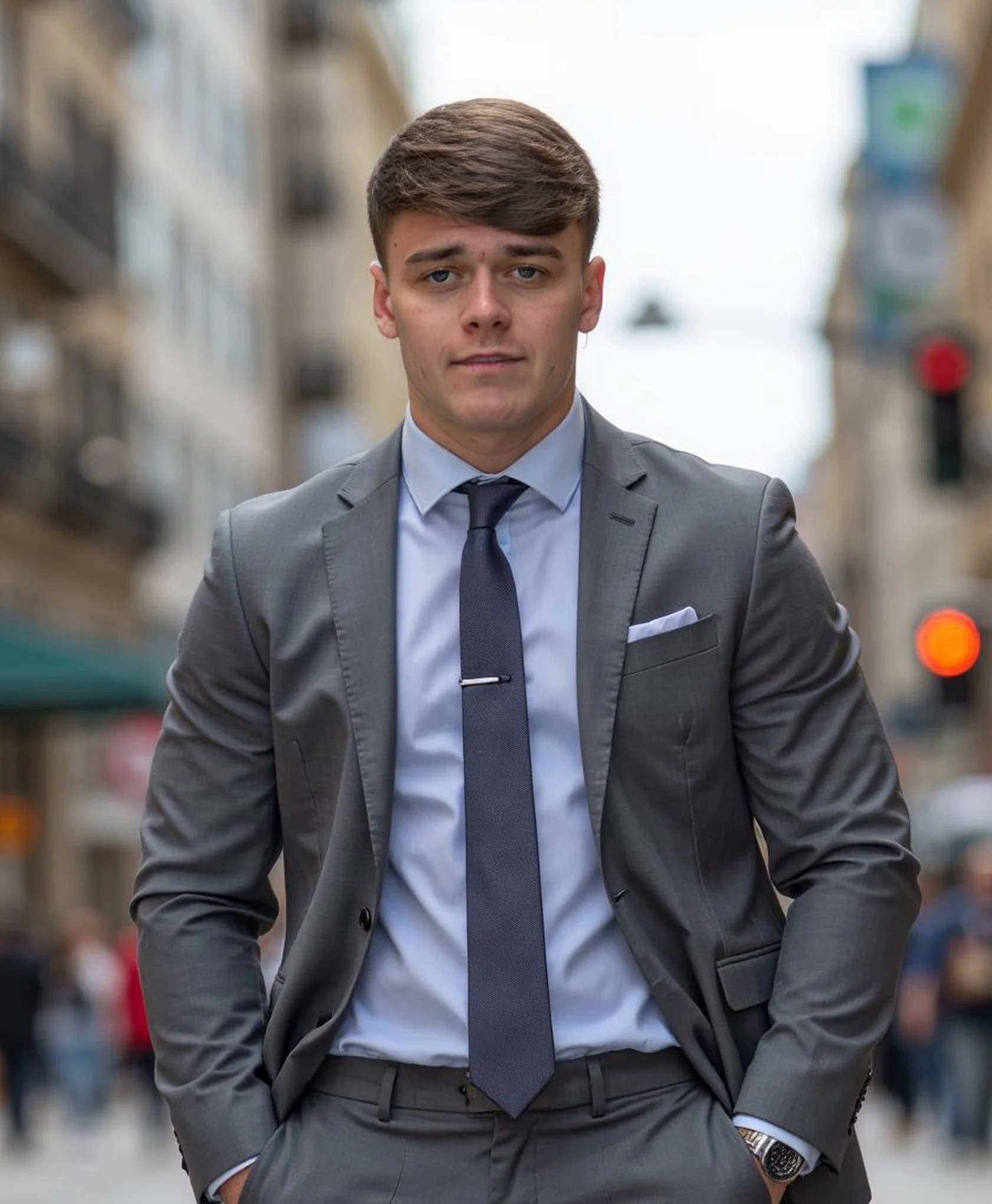 Ben Harry in a gray suit with a blue tie standing on a city street.