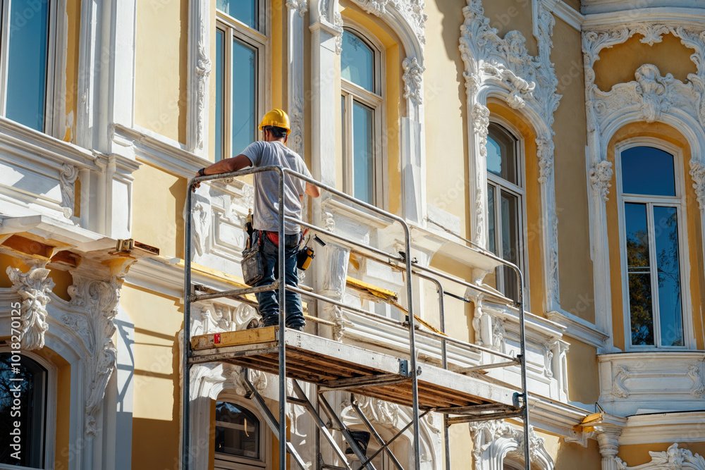 Construction worker on scaffolding restoring ornate building façade.