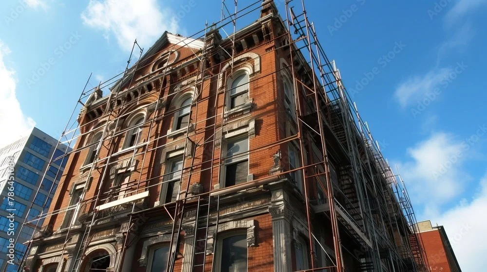 Historic red brick building under construction with scaffolding against a blue sky.