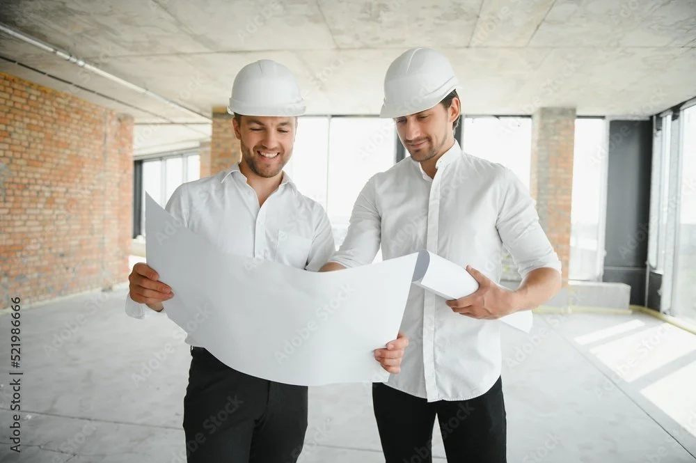 Two construction workers wearing white shirts and hard hats examining blueprints in a partially constructed building with brick walls and large windows.