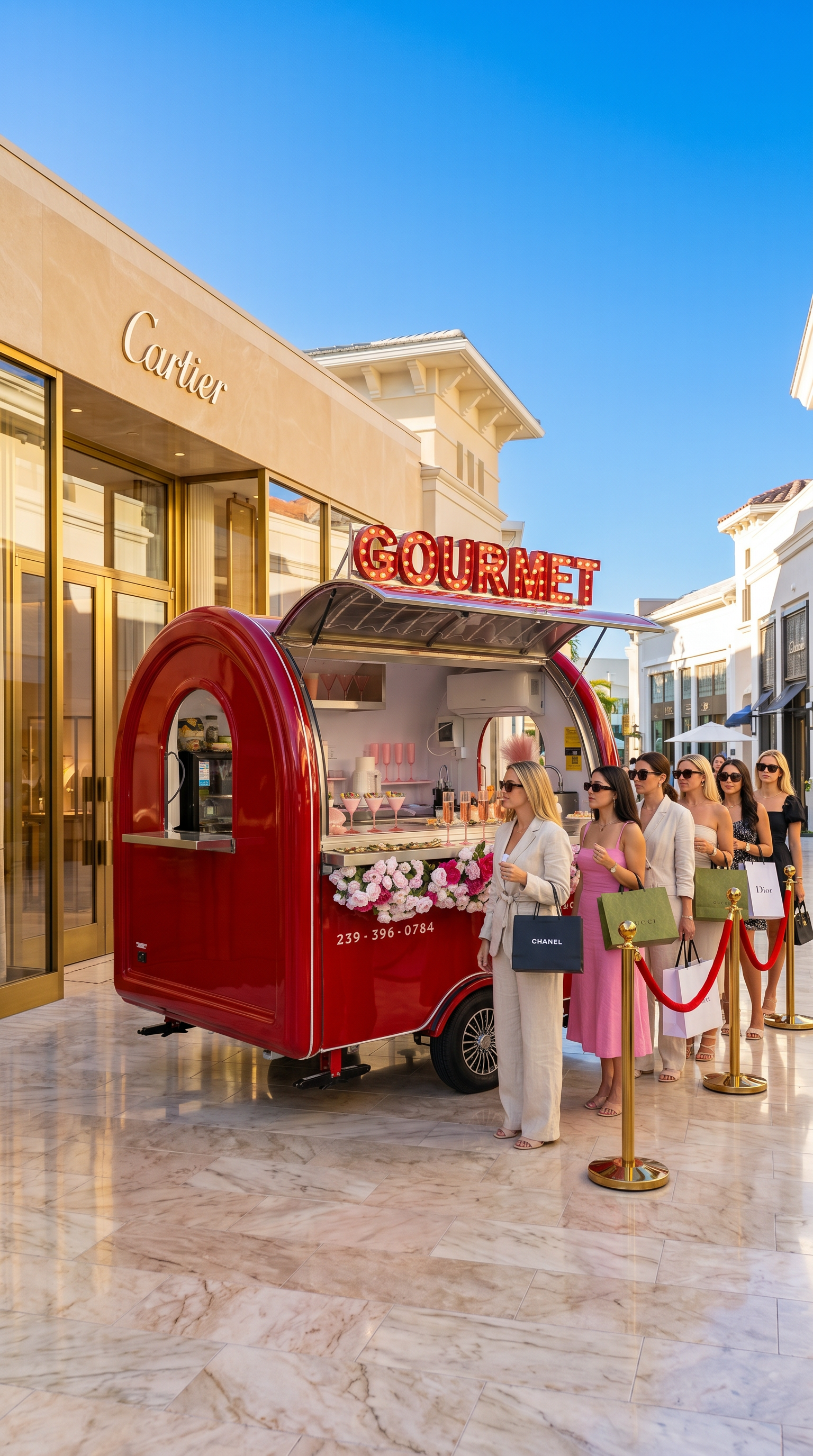 Gourmet Chariot partners with luxury retailers, shopping centers, fashion brands, and lifestyle activations to create immersive customer experiences through caviar tastings, champagne service, and luxury food presentation.