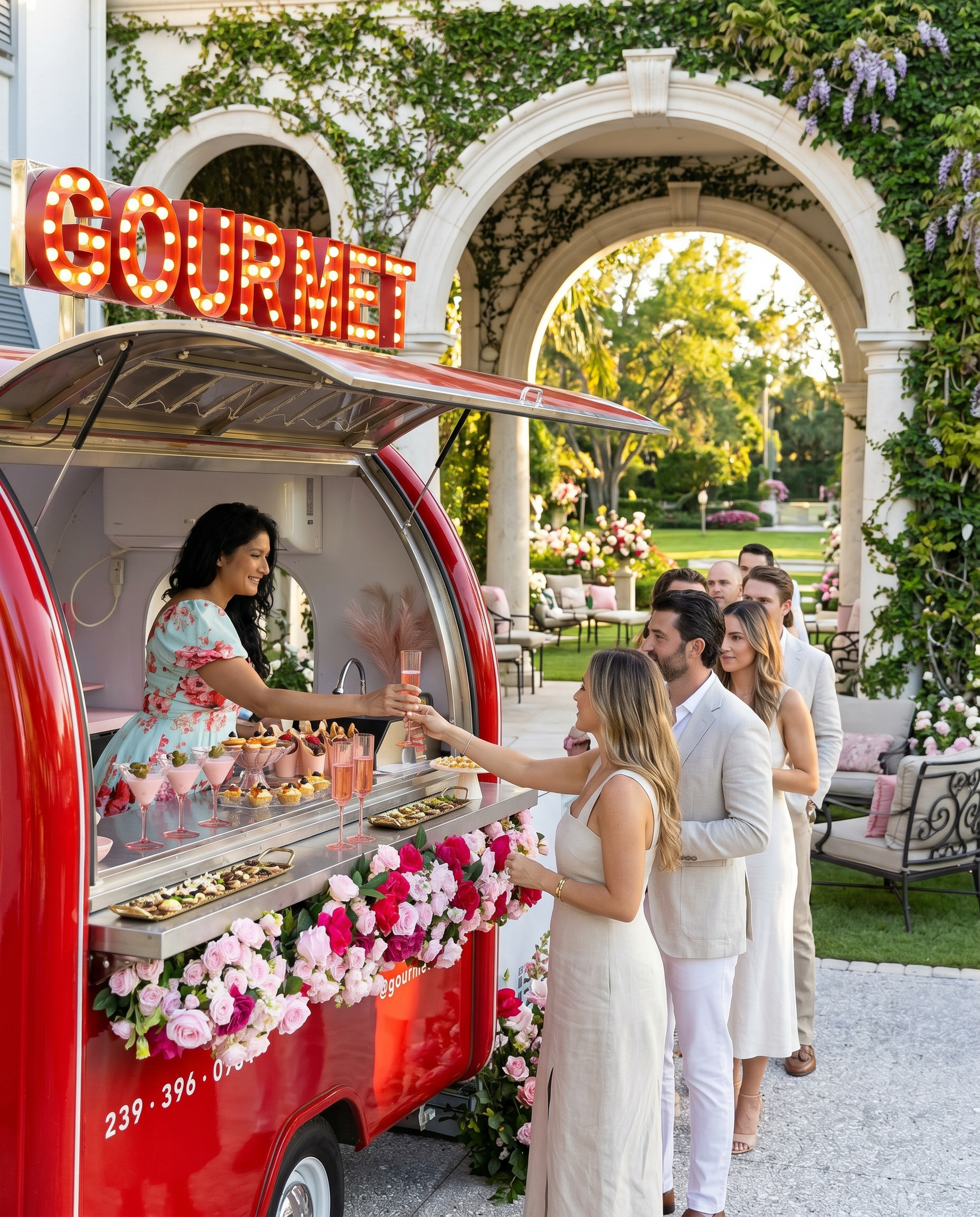 Gourmet Chariot offers a luxury black tie catering experience featuring caviar flights, champagne service, elegant passed bites, and visually unforgettable presentation.