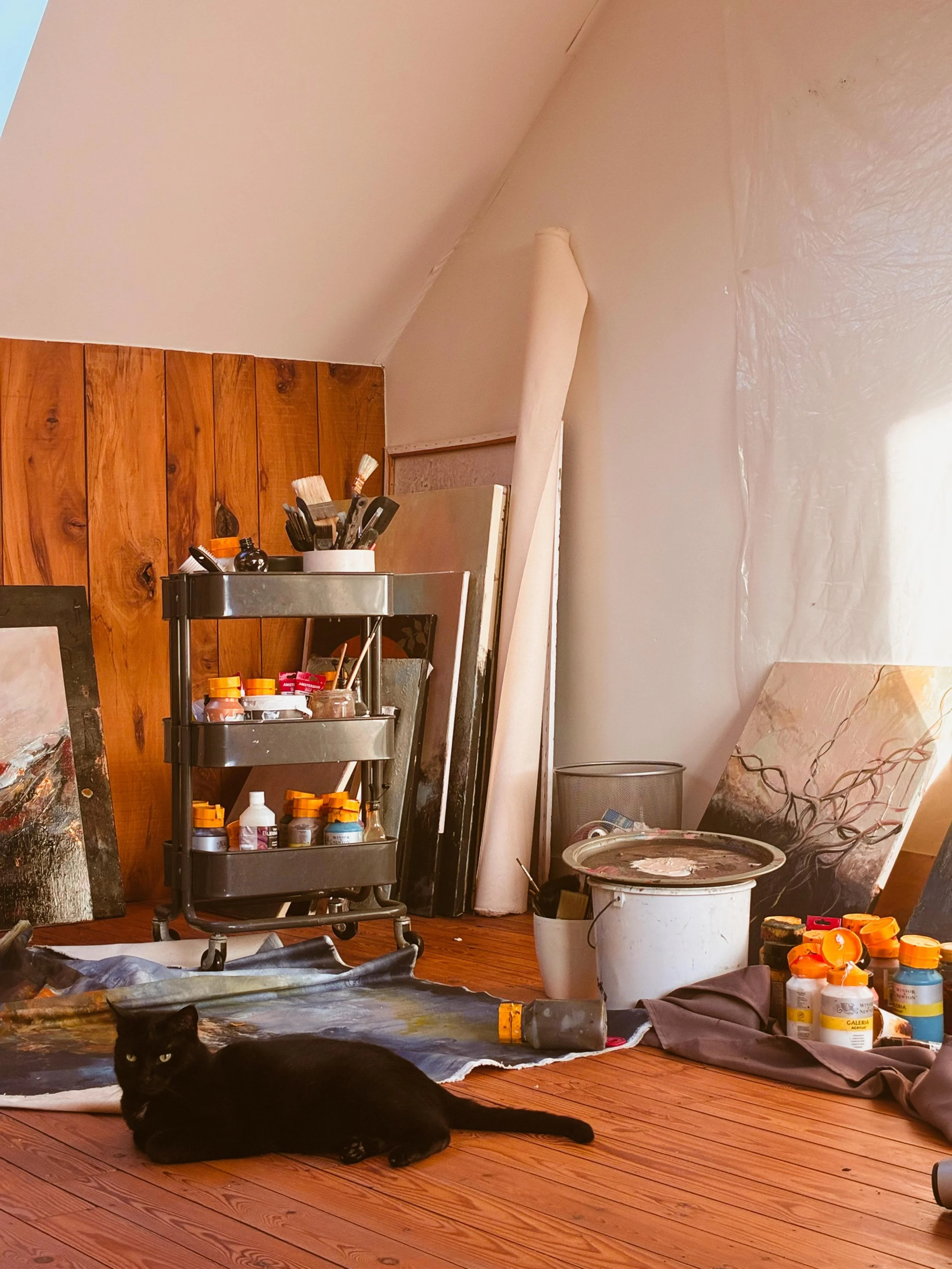 It&rsquo;s too hot to paint. Right now my bedroom/studio is useful to sleep and to sprawl across the hardwood floors in an attempt to stay cool. 

Still figuring out my colour palette here on the platform. Having a muted paint palette and more vibran