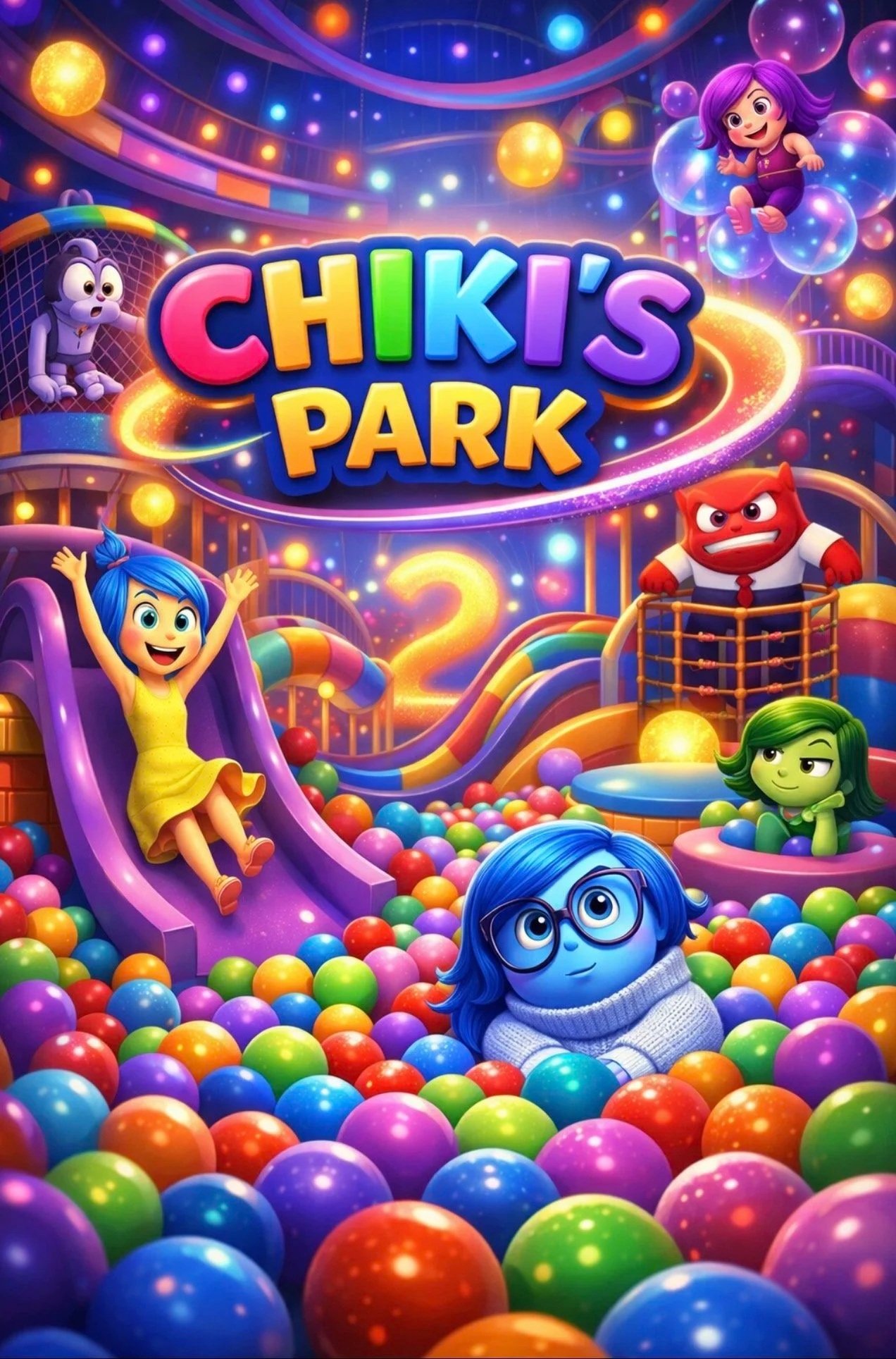 Cartel de juguetes de bolas de colores en un parque de diversiones infantil llamado 'Chiki's Park' con personajes animados, una montaña rusa, un tobogán y luces brillantes.