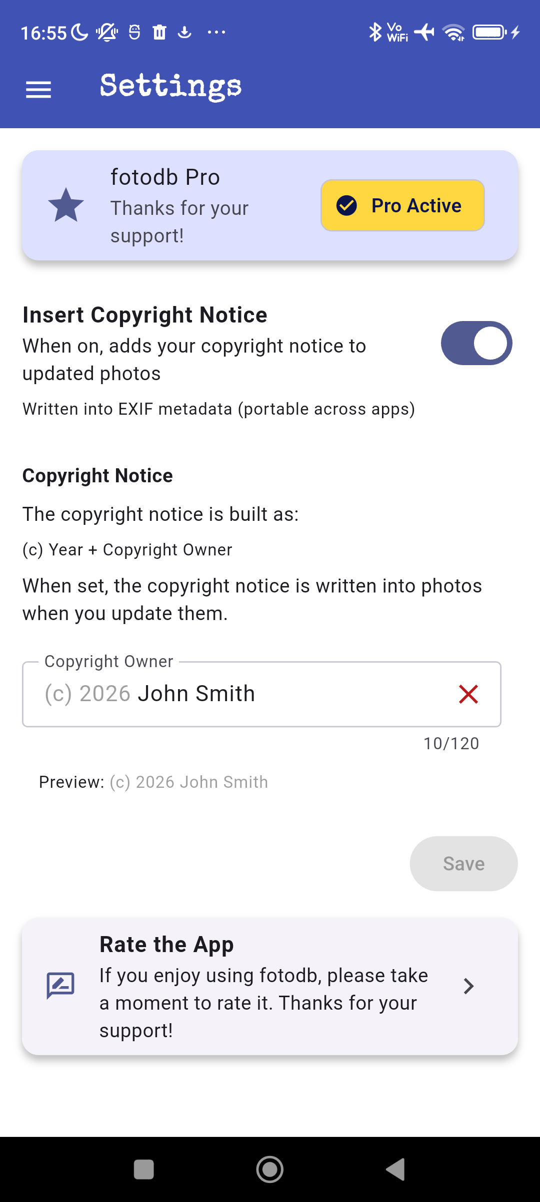 Screenshot of a mobile app settings page with options for copyright notice, editing rights, and app support. The screen shows a pro subscription prompt, toggle for inserting copyright notices, and a text box with copyright owner info for John Smith in 2026.