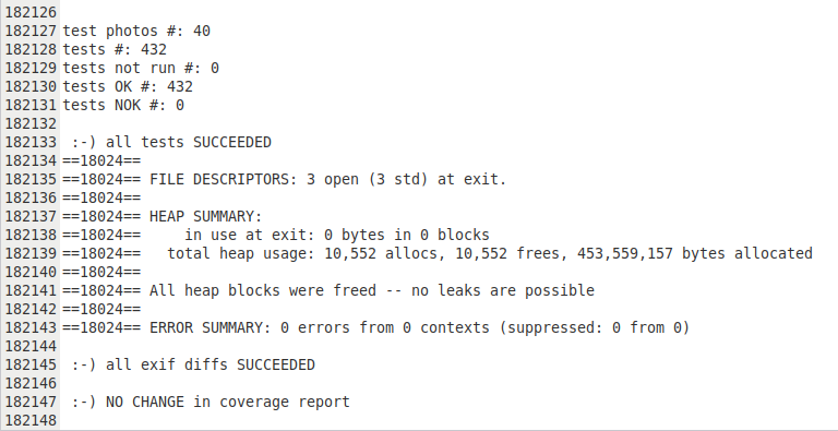 A screenshot displaying a computer log or terminal output with test summary results, including tests passed, errors, heap memory usage, and file descriptors.