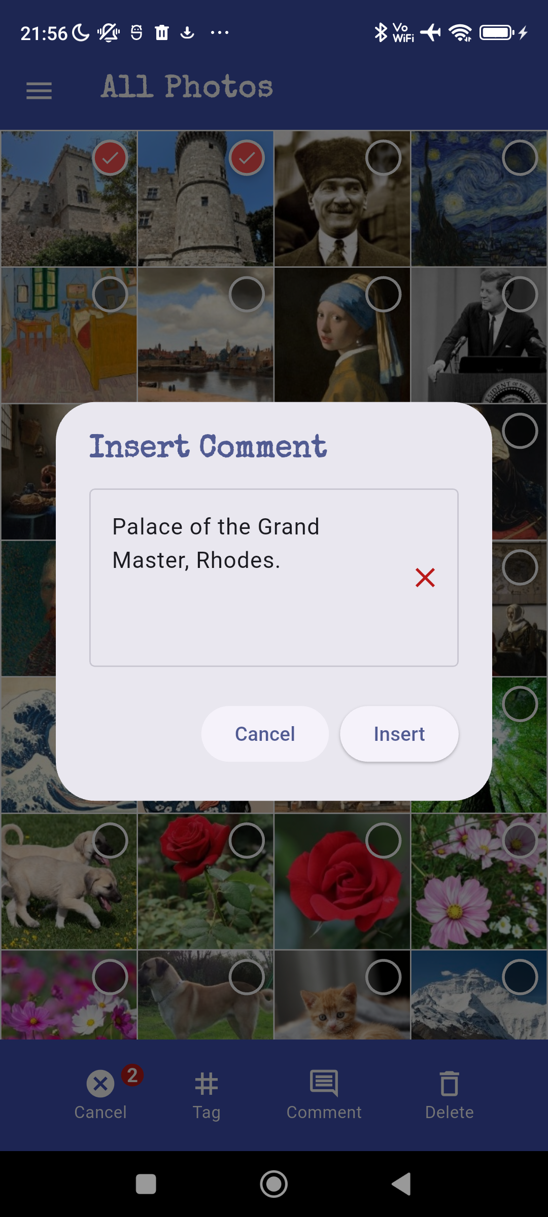 Mobile app screen showing photos of various subjects, with a comment window in the foreground that reads 'Palace of the Grand Master, Rhodes.'