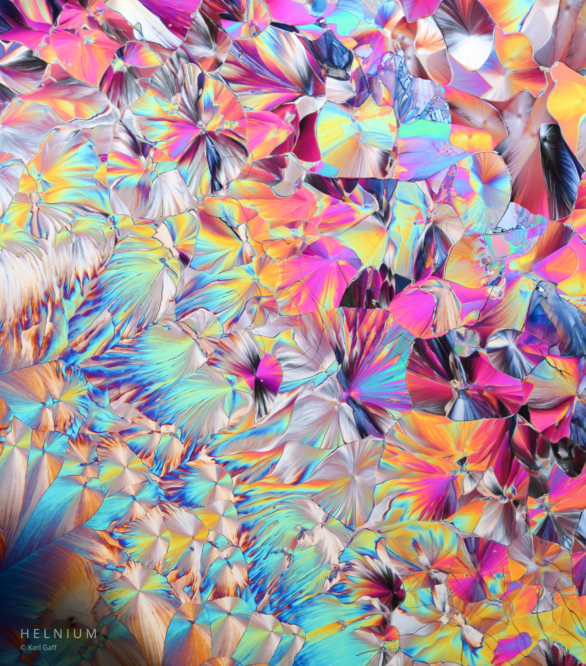 Dopamine crystalline patterns under polarized light microscopy, second study. Helnium.