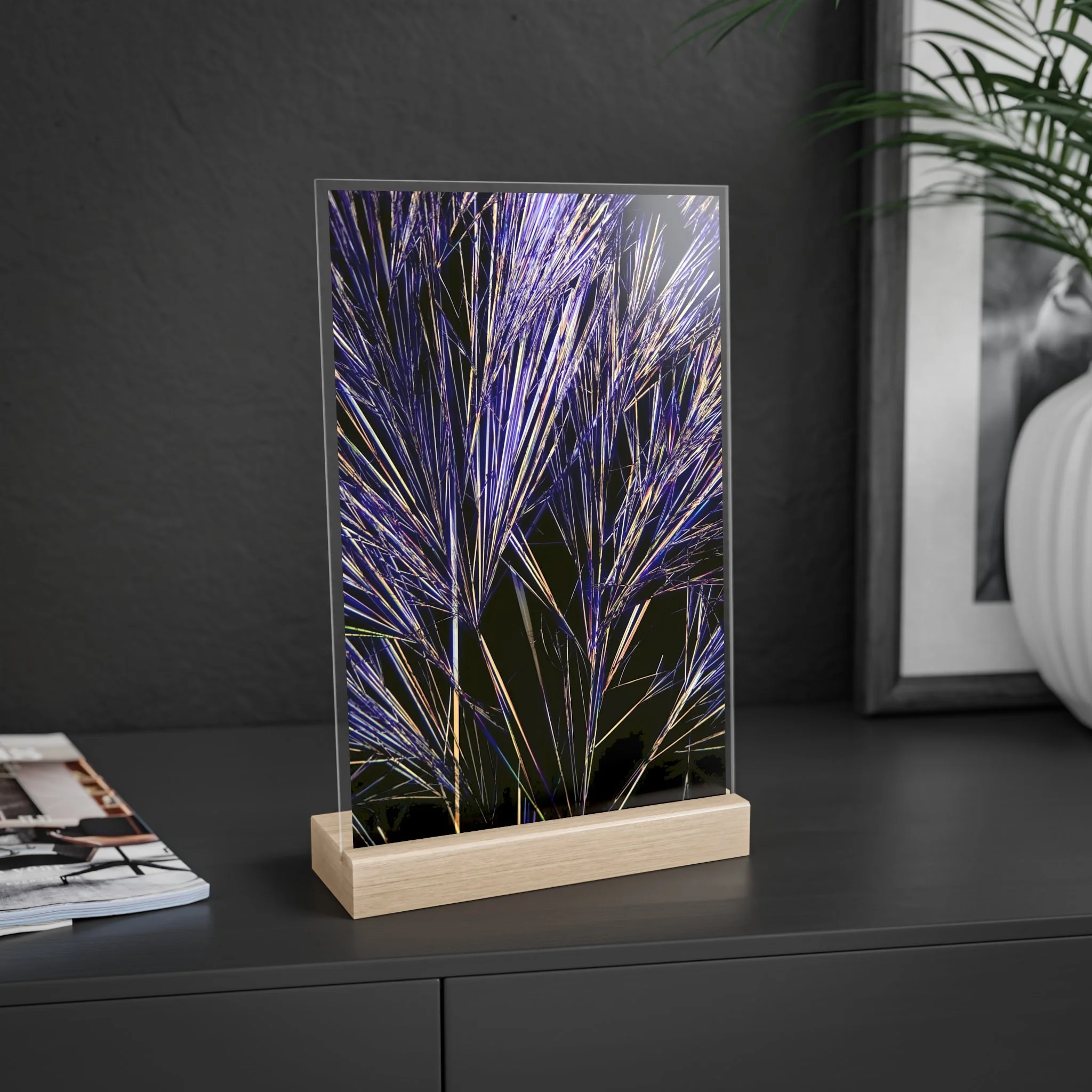 Panneau en acrylique avec socle en bois : Cristaux de caféine