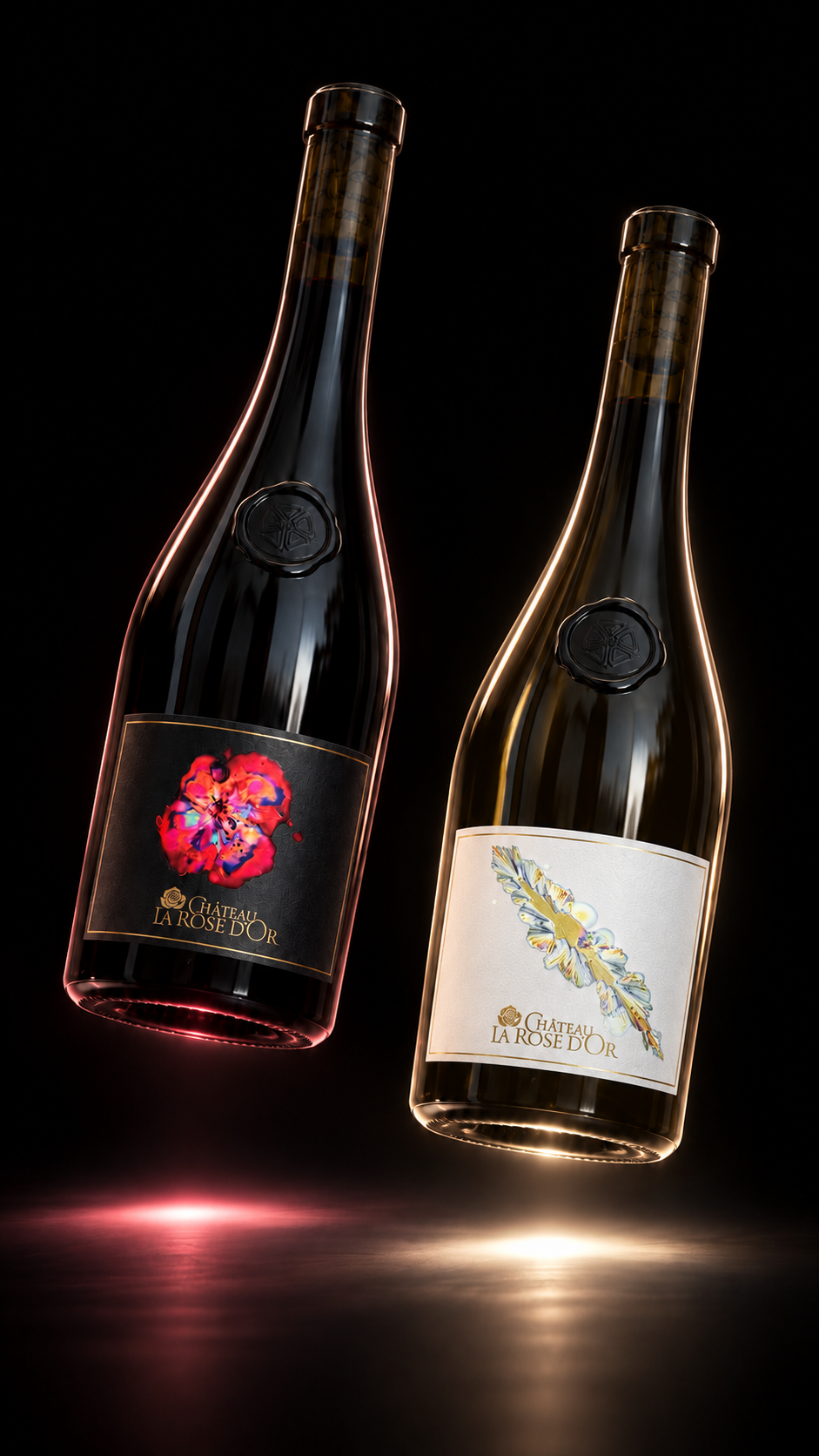 Helnium white and red wine bottles featuring crystalline design labels