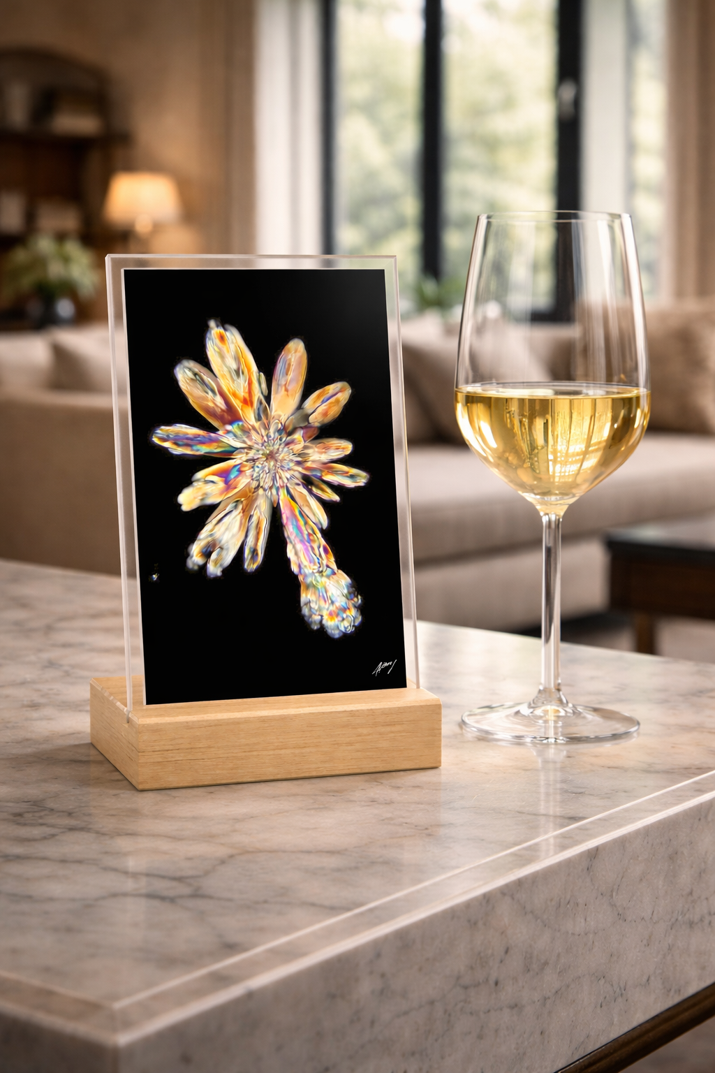 Panneau acrylique avec socle en bois : Cristaux de vin blanc Édition 2