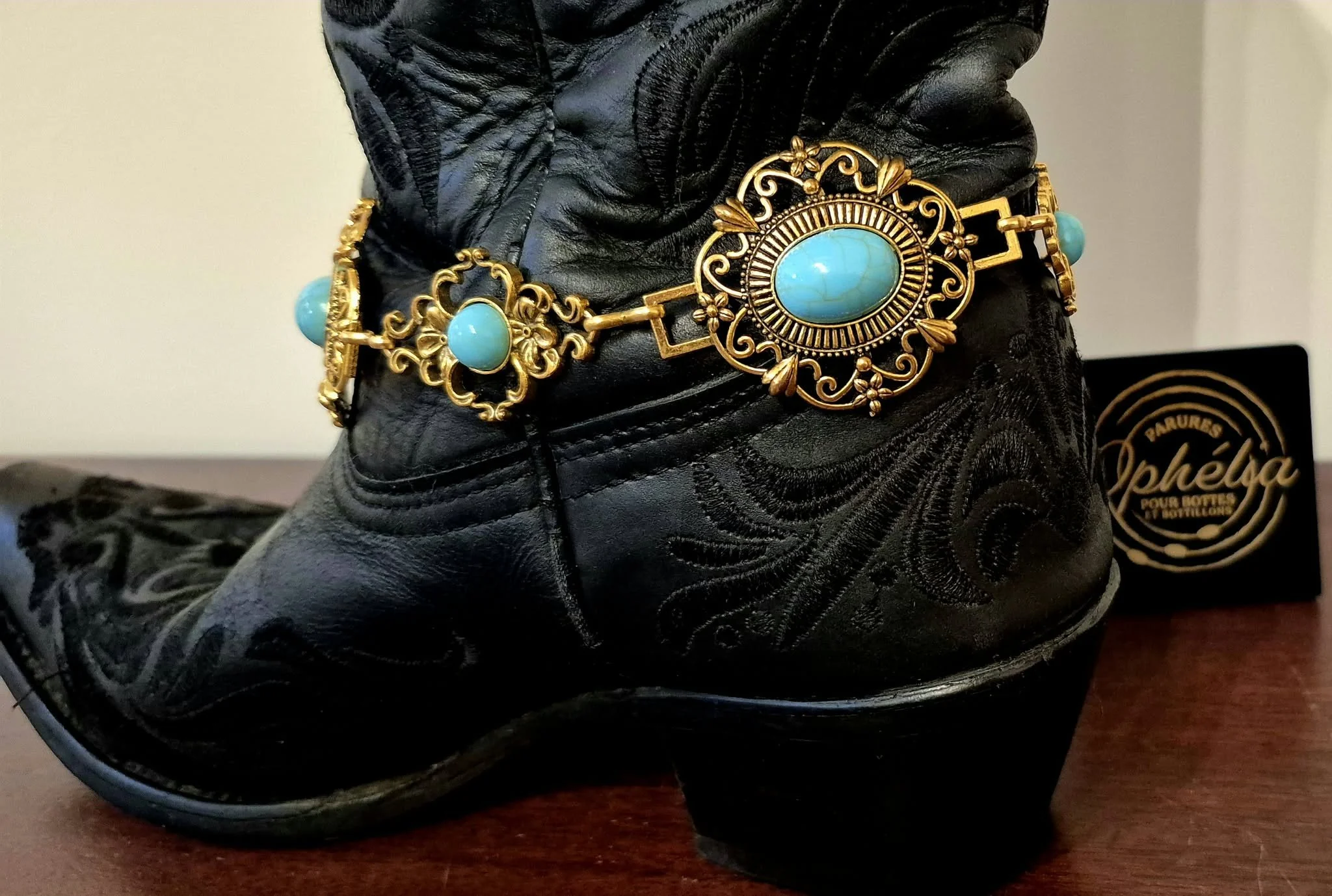 Octavie - Bijoux Bottes - Femme - Rosettes dorées -turquoise