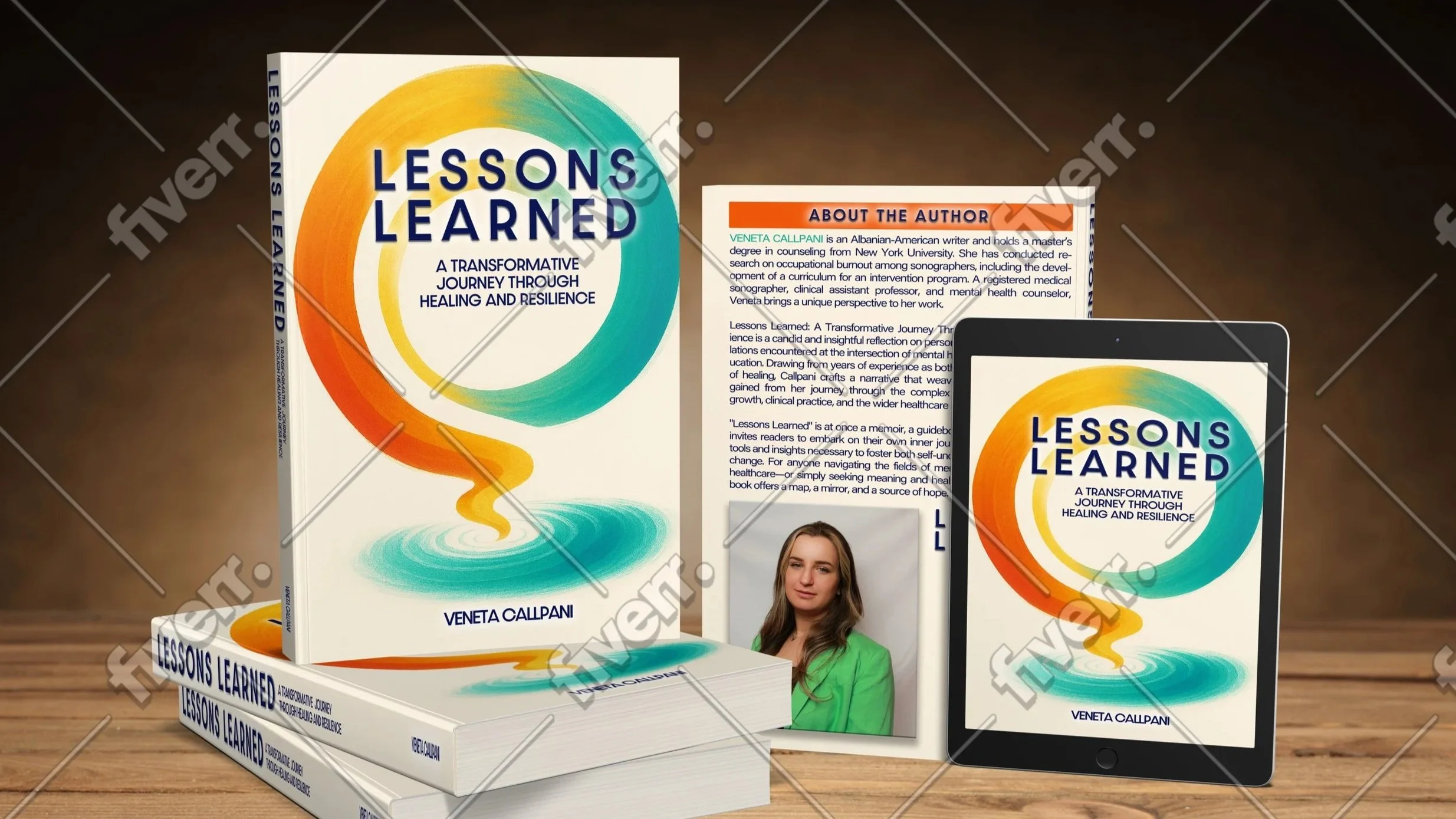 Promotional display of Veneta Callpani's book "Lessons Learned: A Transformative Journey Through Healing and Resilience," shown in hardcover, paperback, and tablet formats beside the author's photo.