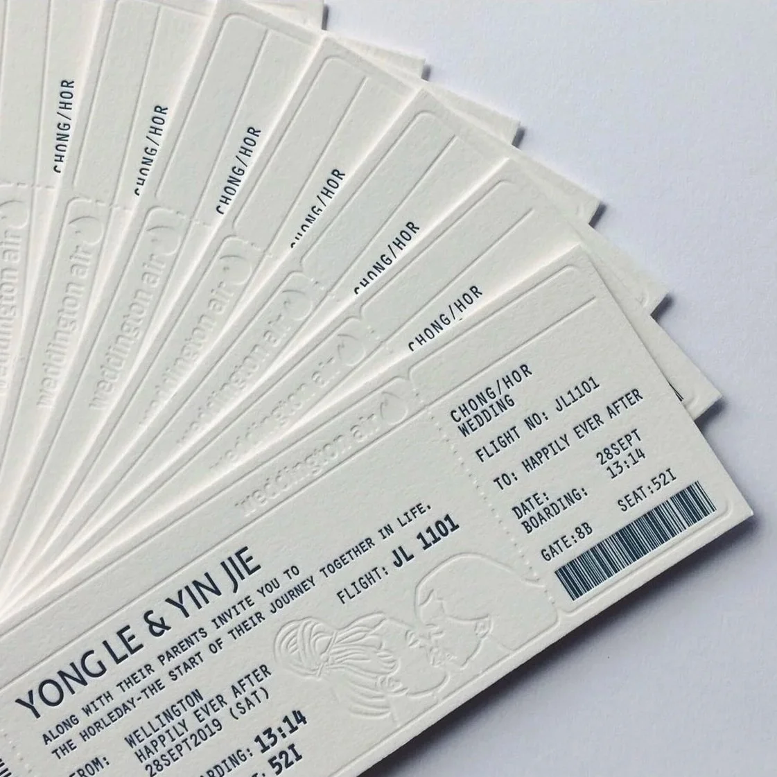 Wedding invitations reimagined as boarding passes for a wedding in Wellington, New Zealand. Navy text on cream cardstock, with a blind (no ink) deboss of two people kissing.
