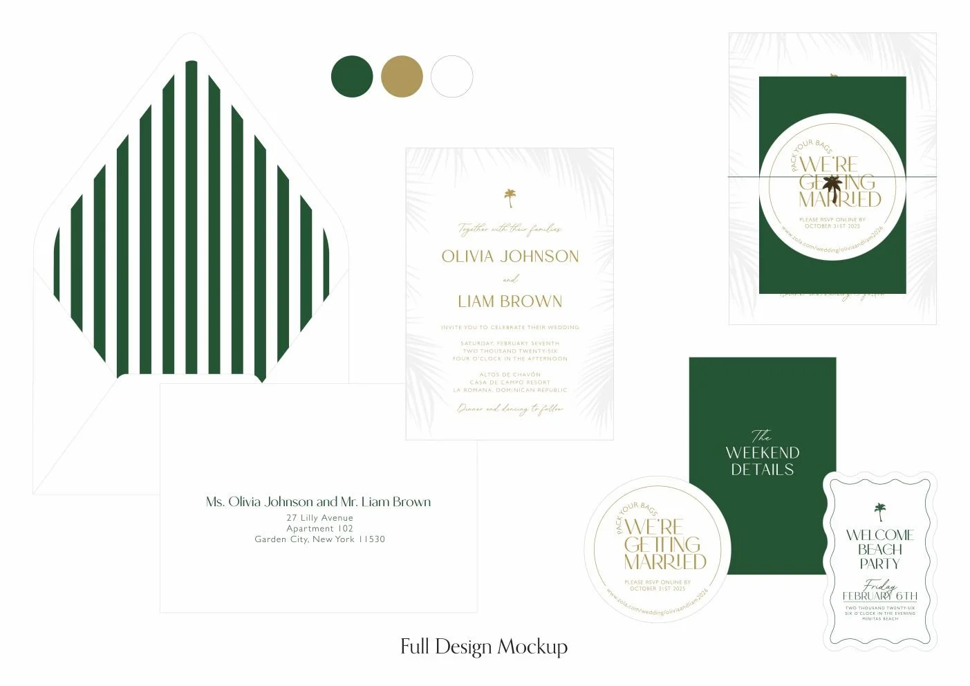 Wedding invitation suite with green, white, and gold tropical theme, including an envelope, save-the-date card, wedding invitation, weekend details card, and welcome beach party invitation.