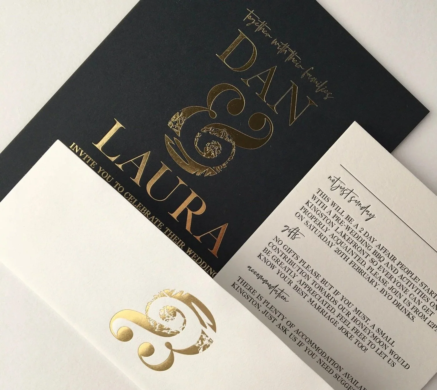Wedding invitation card with black and white background, gold and black text. The invitation is for a wedding celebration at Lauras, with details about the event and a request for gifts or contribution.