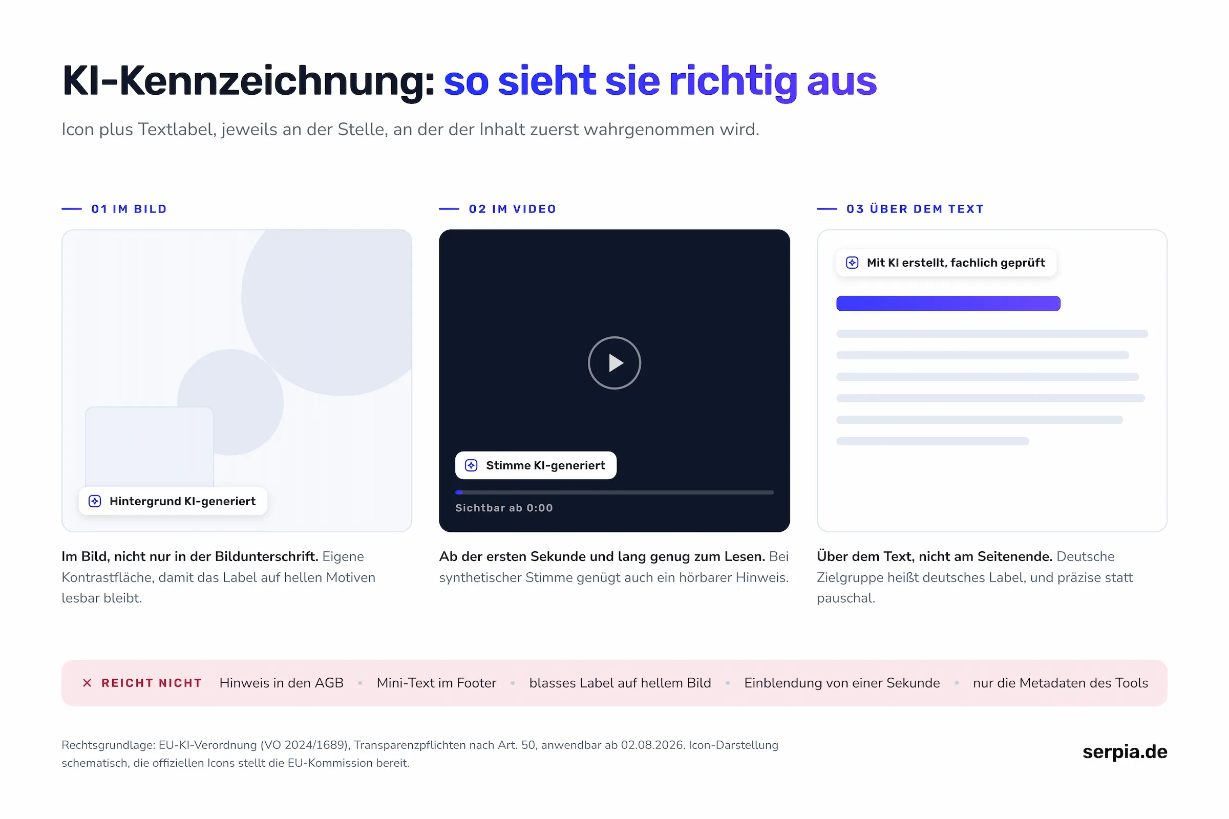 Beispiel für die Umsetzung der KI-kennzeichnungspflicht 2026. KI Labels im Bild, im Video und über dem Text.