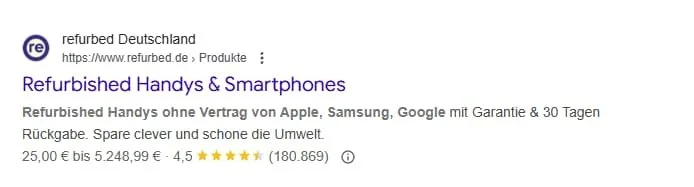 Screenshot: Produkt Rich Result für "Smartphone kaufen" im E-Commerce