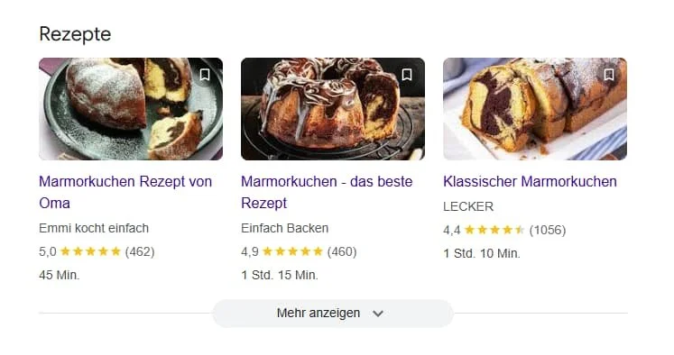 Screenshot: Rezept Rich Result für "Marmorkuchen Rezept"