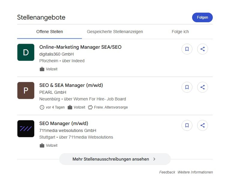 Screenshot: Job Posting Rich Result für "SEO Manager Jobs"