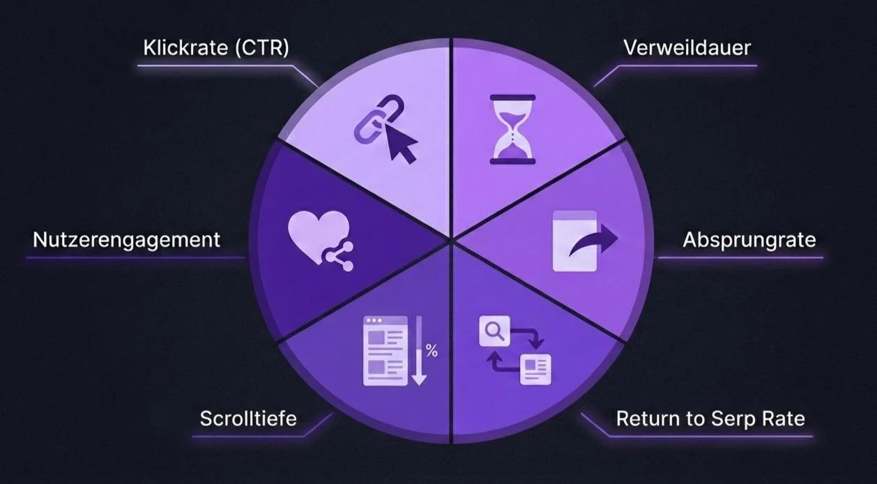 Infografik: Die wichtigsten 6 User Signals (Nutzersignale) für SEO Optimierung. Foto: Gemini & SERPIA