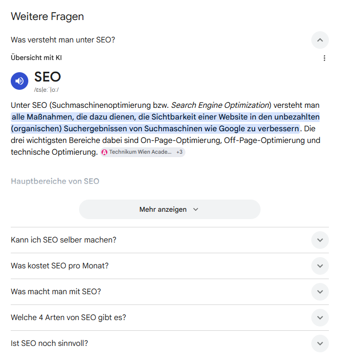Screenshot: Google SERP mit einer AI Overview People Also Ask Box (PAA Snippet)