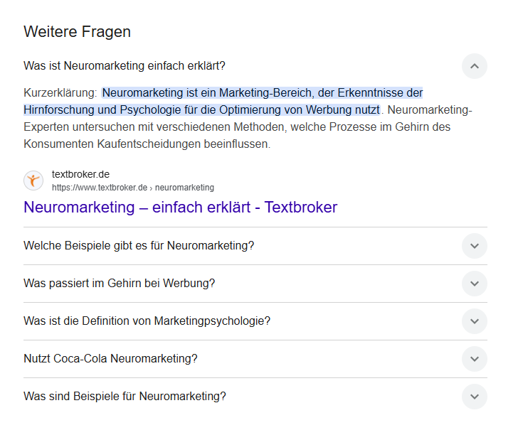 Screenshot: Google SERP mit einer Standard People Also Ask Box (PAA Snippet)