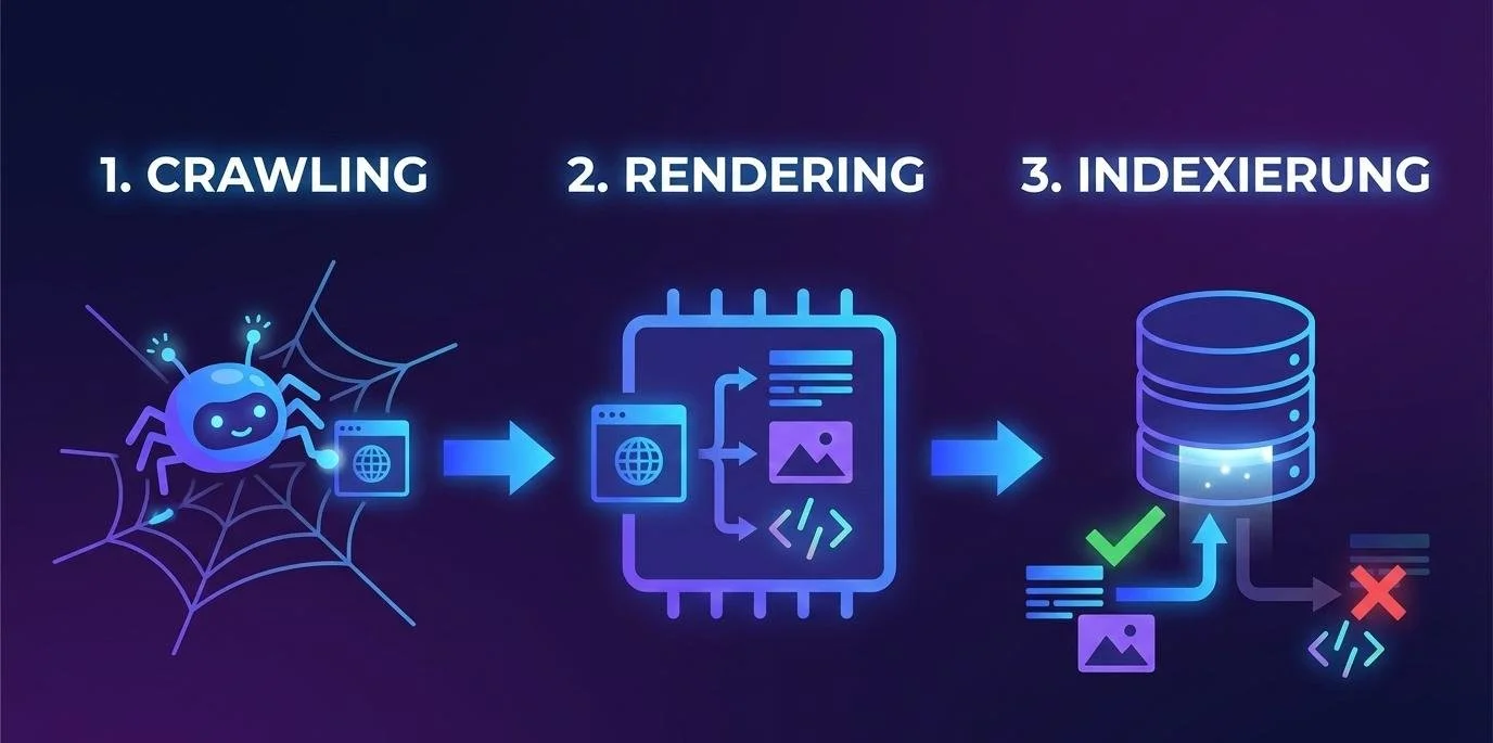 Infografik: Der Prozess der Google Indexierung einer Suchmaschine im SEO.  Credits: Gemini & SERPIA