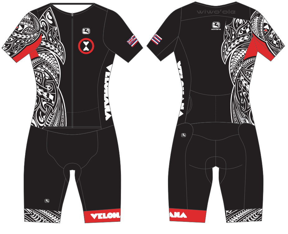 Black cyclist suit with tribal patterns and red accents, front and back views, featuring brand logos and a flag on the sleeve.