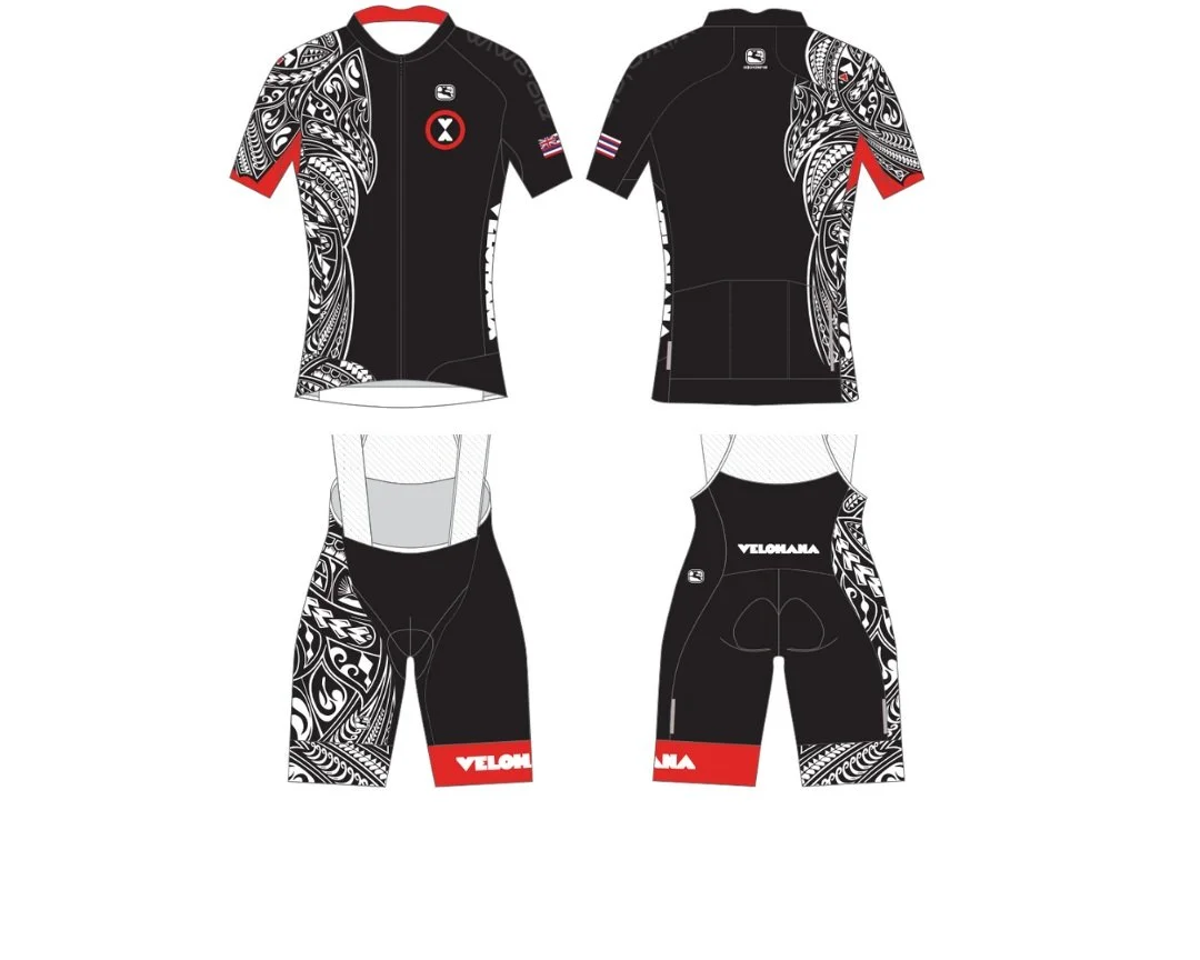 Cycling jersey and shorts set with black, white, and red tribal designs, featuring "Velohana" branding.