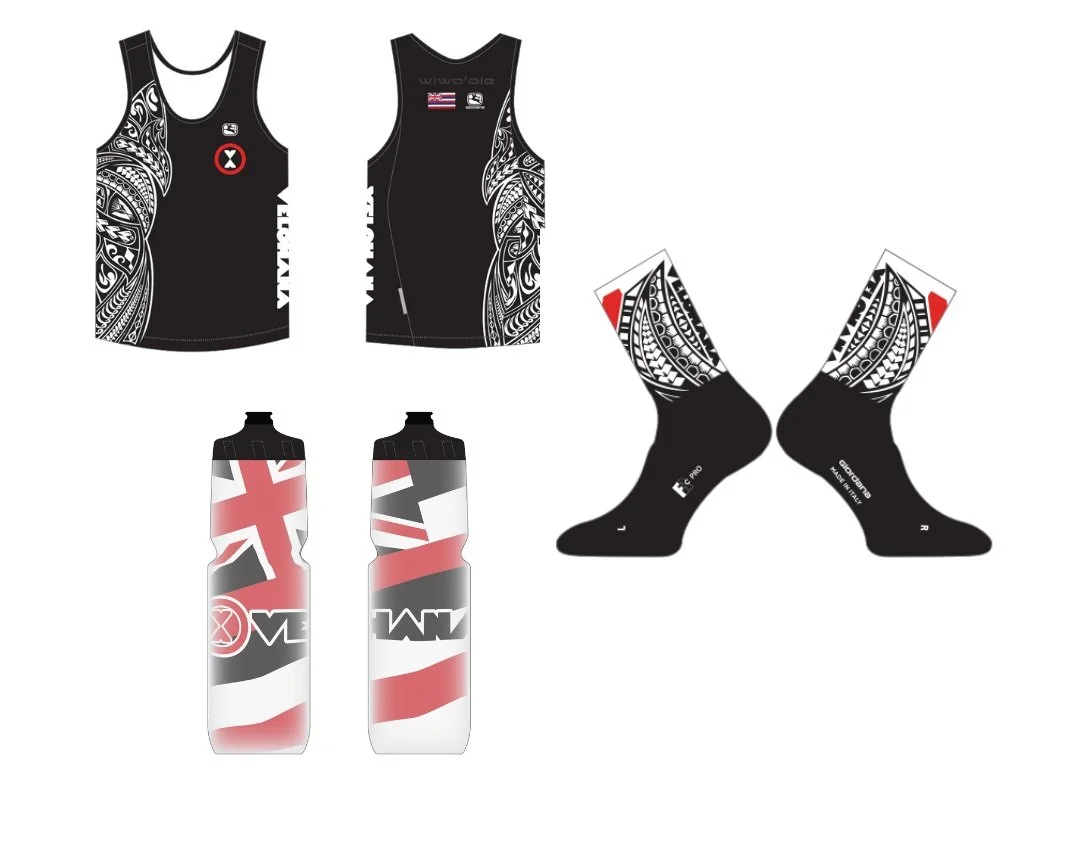 Athletic apparel design featuring a black tank top with white tribal patterns, black socks with matching tribal designs, and two water bottles displaying red, white, and black patterns.