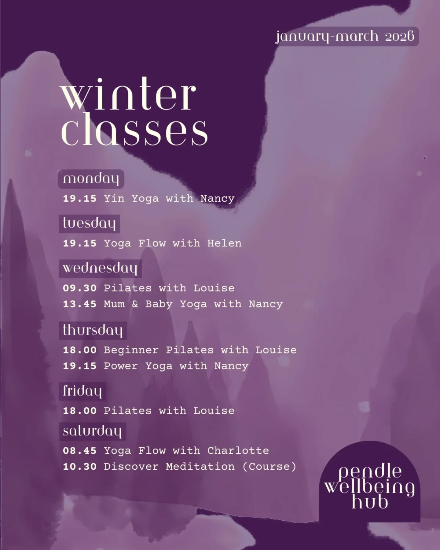 Happy new year from us - winter classes are here! ❄️

All of your favourite Yoga and Pilates classes are staying put, with a couple of new additions for 2026 (✨️= new).

Monday
19.15 Yin Yoga &ndash; Nancy

Tuesday
19.15 Yoga Flow &ndash; Helen

Wedn