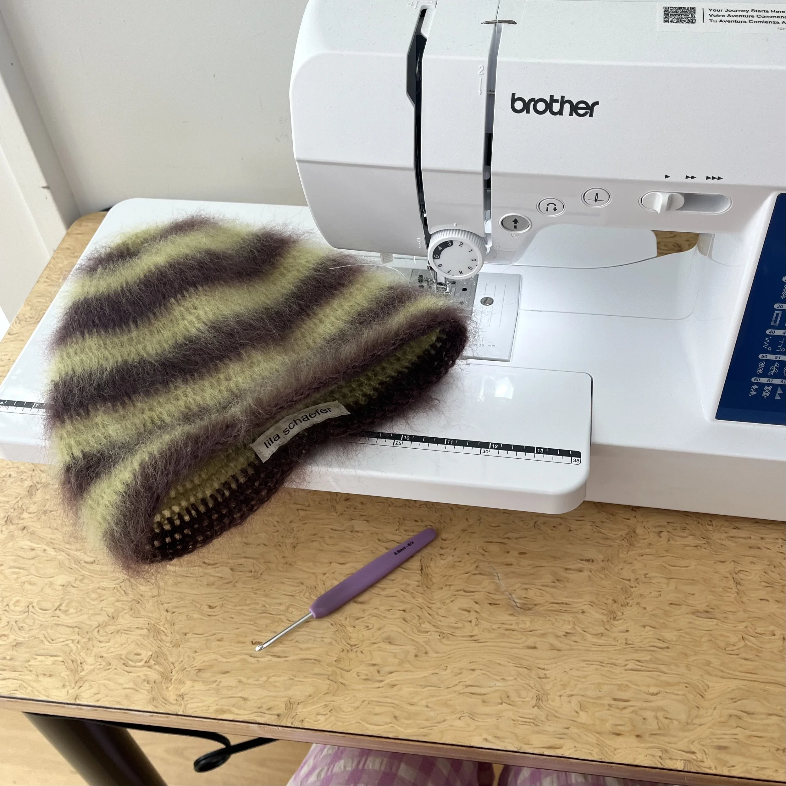 brushed mohair hat, brown & green stripe