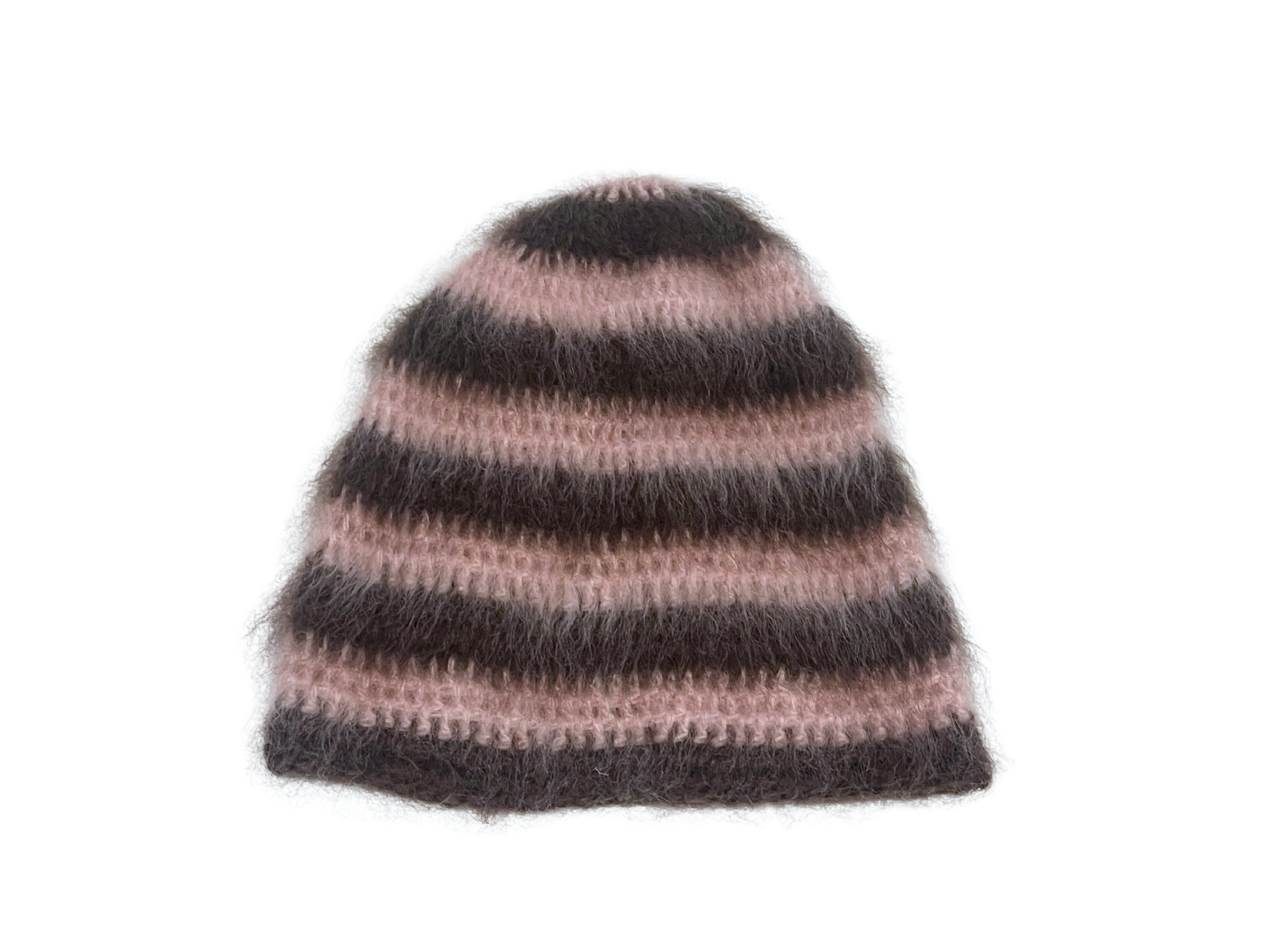 NEW brushed mohair hat, pink & brown stripe